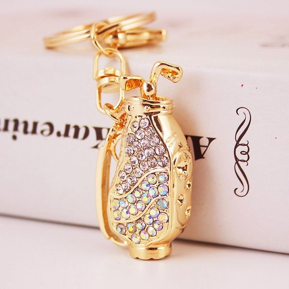 Silver & Iridescent Crystal Golf Bag Keychain Charm - Picture 1 of 16